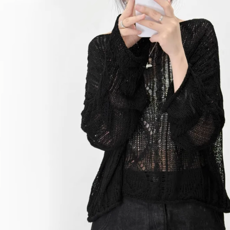 一字露肩麻花薄款鏤空長袖罩衫針織衫-Cicimode