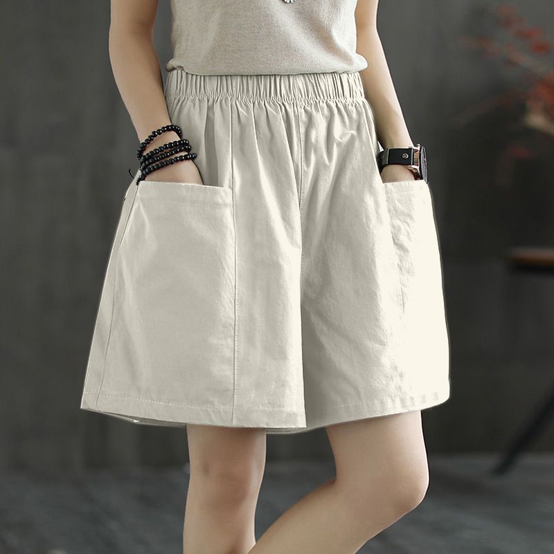 純棉百搭寬鬆顯瘦直筒闊腿鬆緊腰五分短褲-Cicimode