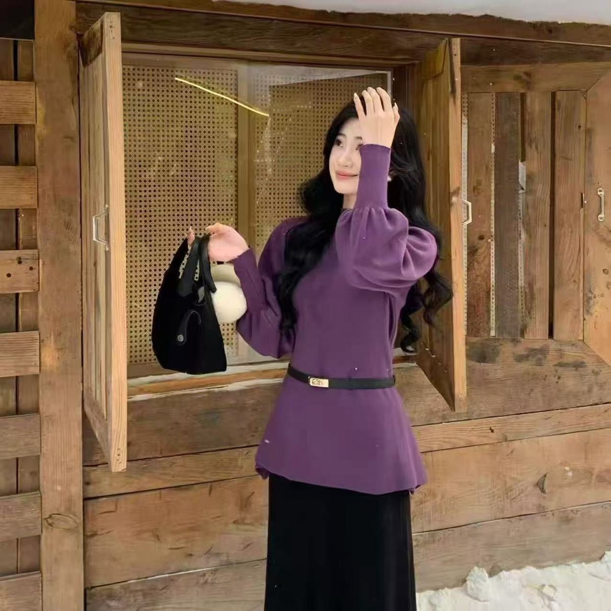 【整套】韓系半高領針織毛衣+高腰半身裙兩件套