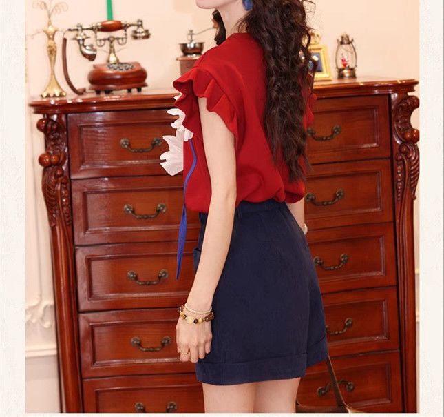 【單件/套裝】休閒寬鬆顯瘦復古設計感T恤+闊腿短褲兩件套裝