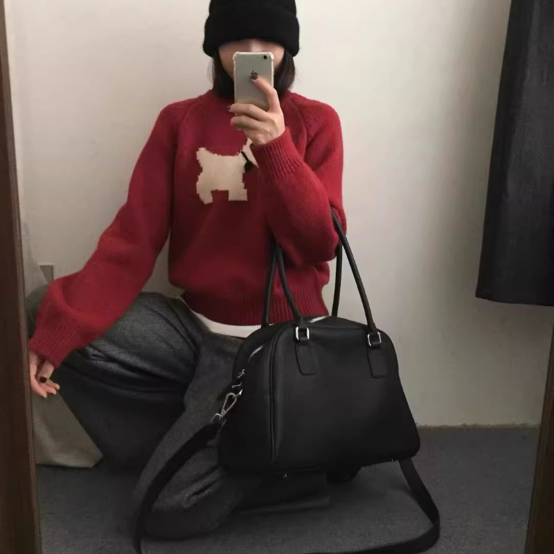 韓系寬鬆短版軟糯圓領狗狗提花針織毛衣-Cicimode