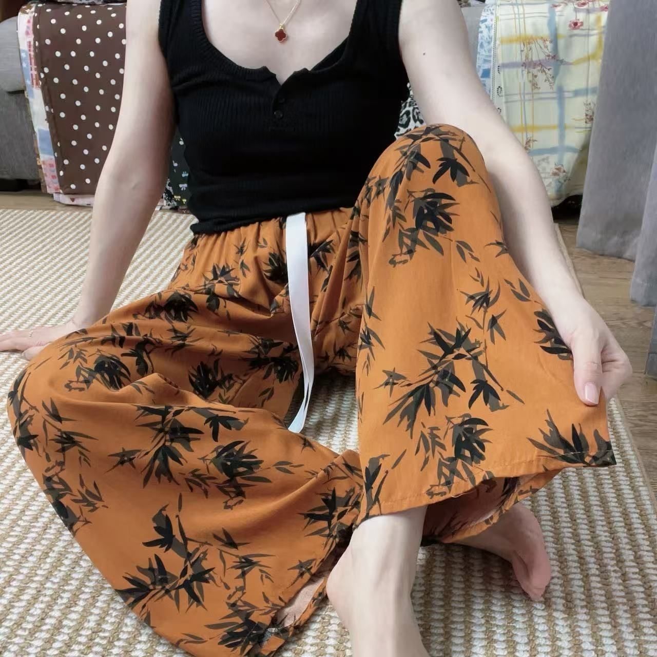 甜美印花波西米亞吸濕排汗寬鬆休閒闊腿九分褲