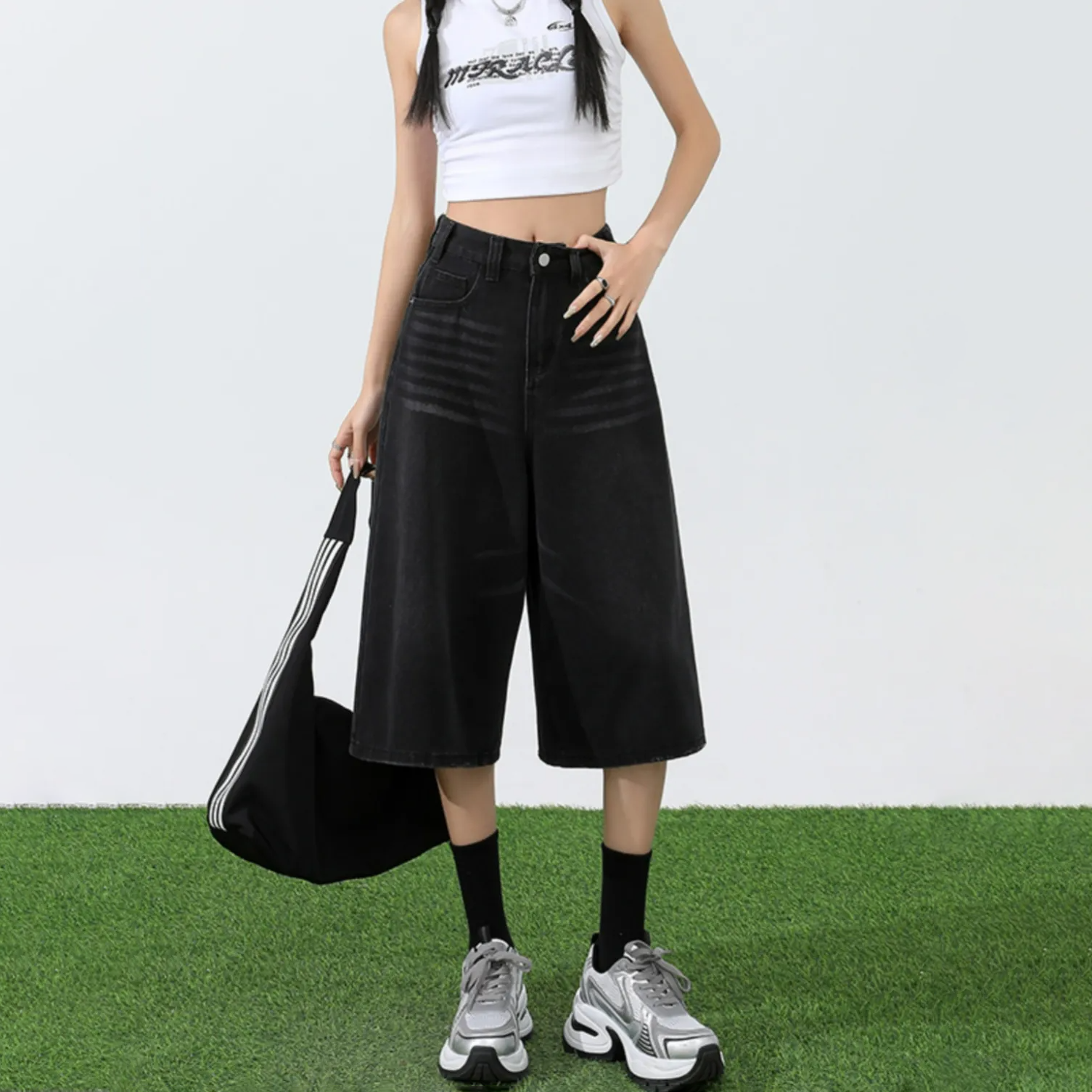 淺色七分牛仔褲女夏季薄款高腰顯瘦直筒大碼胖mm寬鬆7分闊腿中褲