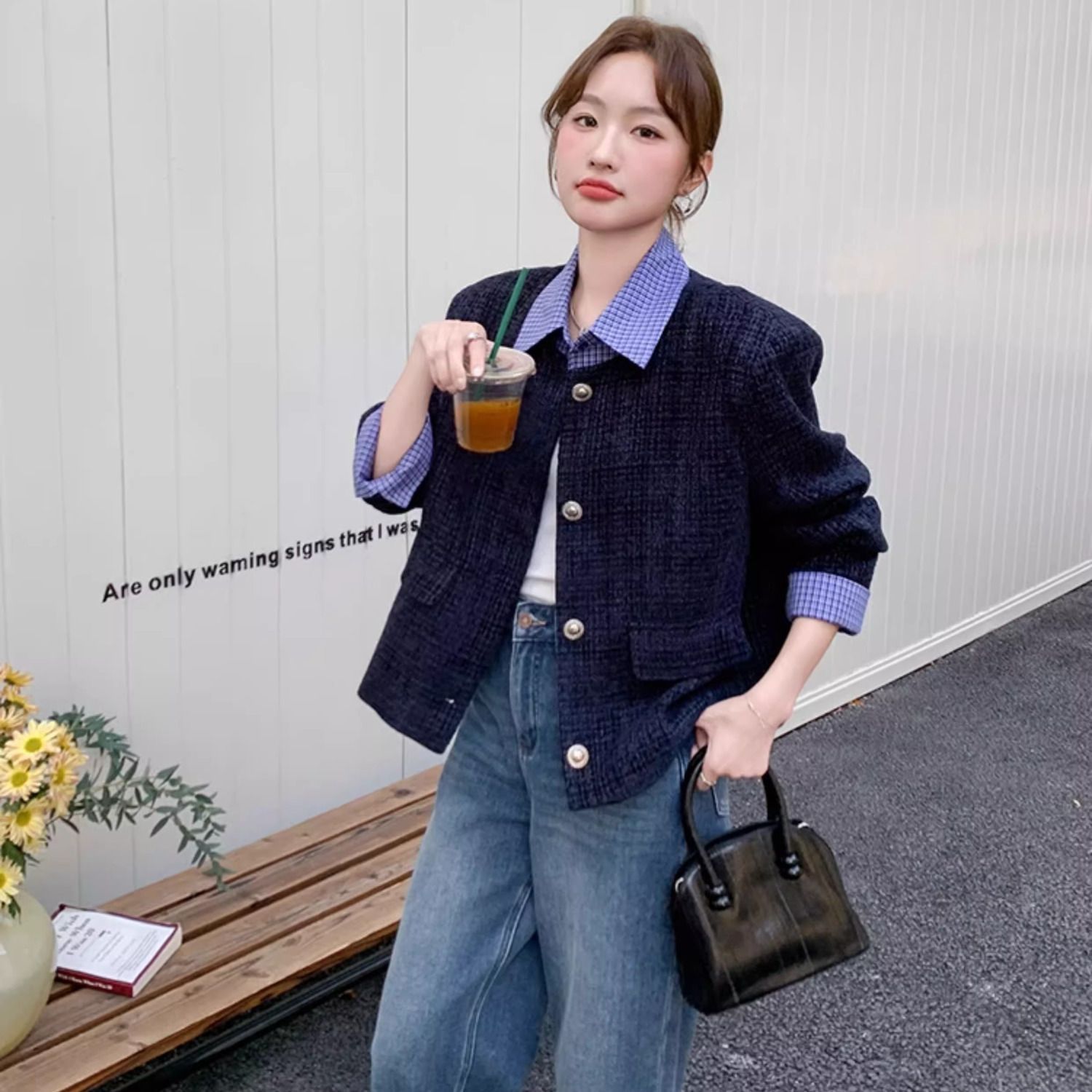 高級感格紋拼接時髦洋氣設計小香風外套