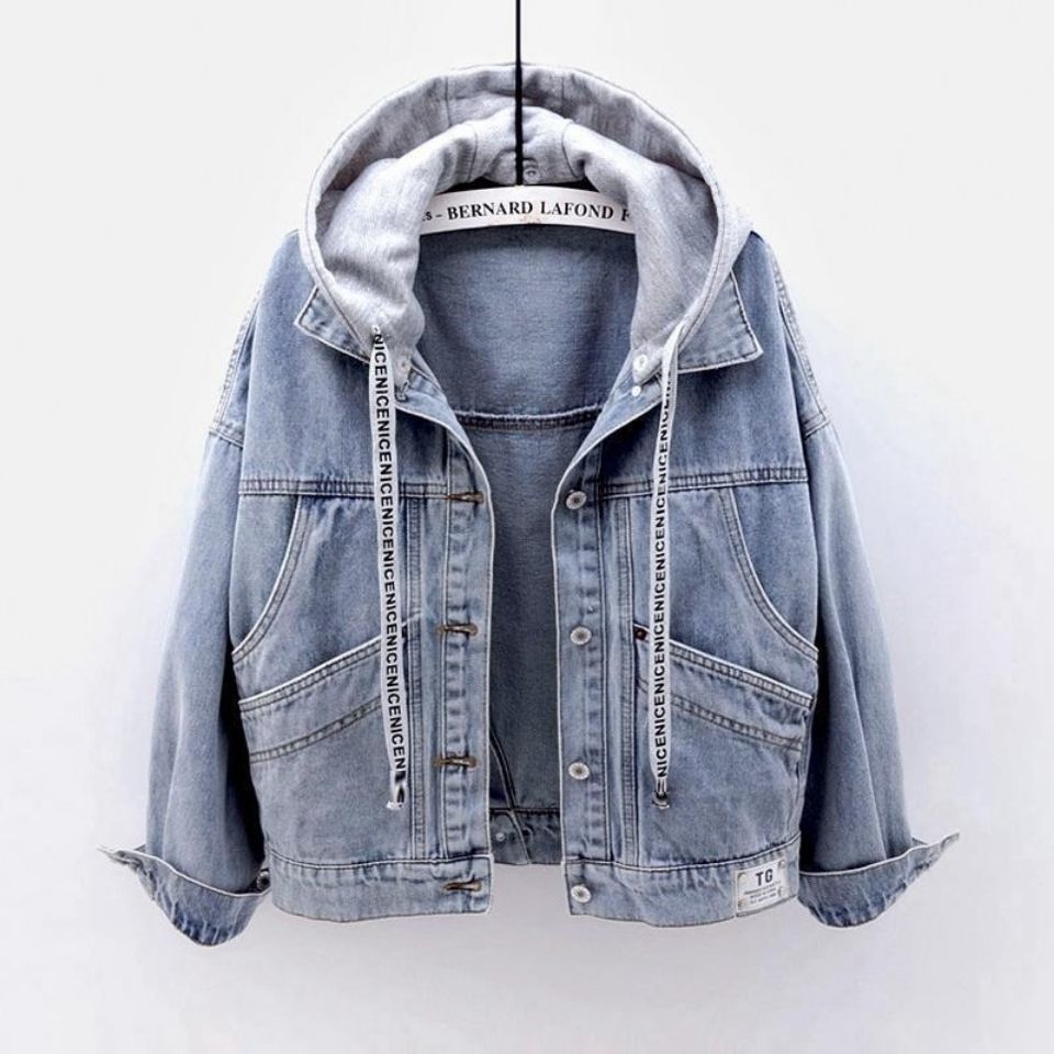 牛仔外套韓版寬鬆短款外套長袖連帽夾克多口袋百搭夾克-Cicimode