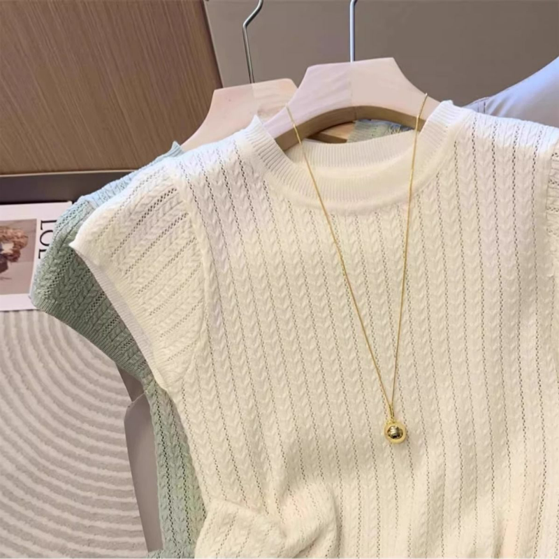 法式鏤空冰絲針織圓領寬鬆小飛袖短袖T恤-Cicimode