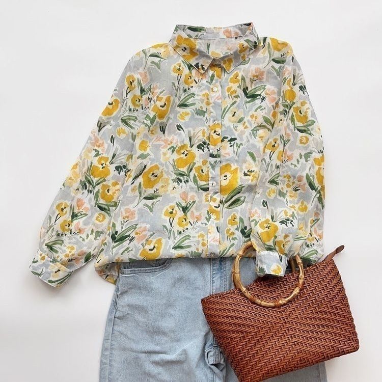 高品質法式百搭碎花氣質溫柔風薄款襯衫-Cicimode