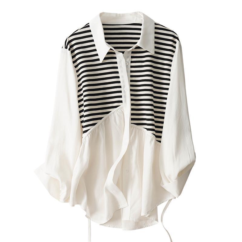 特大碼寬鬆POLO領針織拼接休閒中長版長袖襯衫