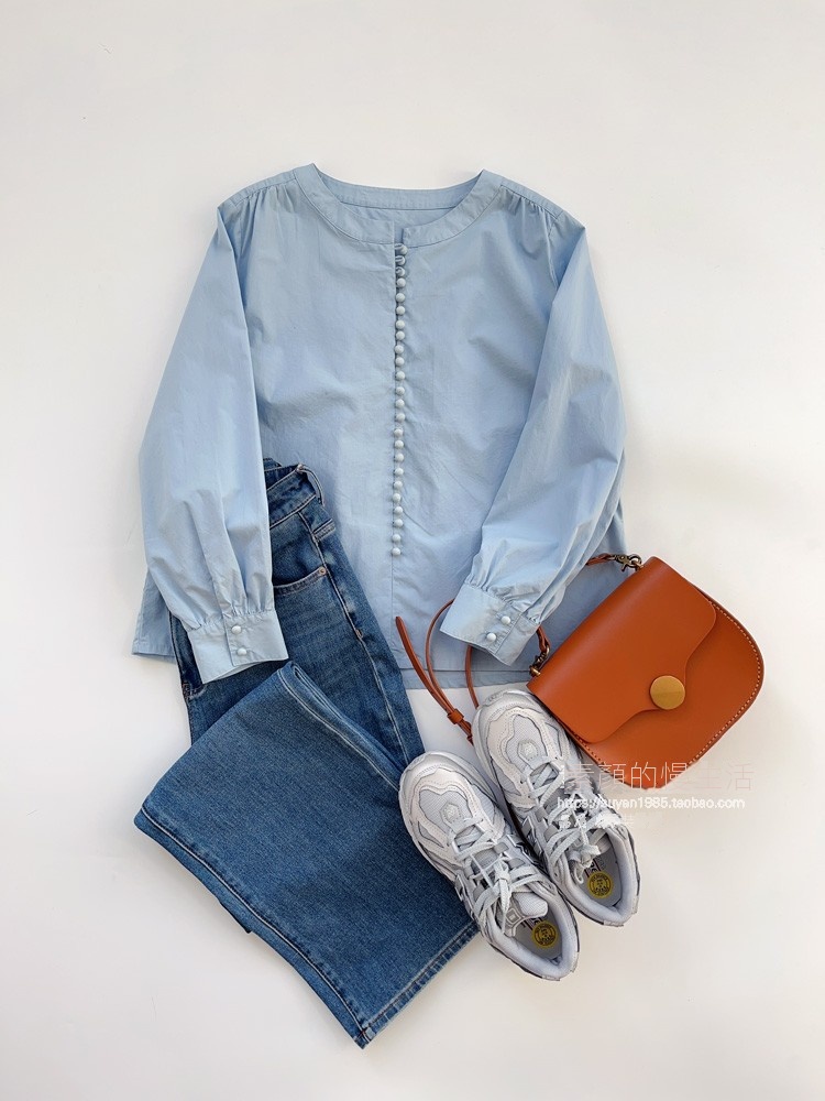 韓系霧霾藍圓領小眾棉質排扣襯衫