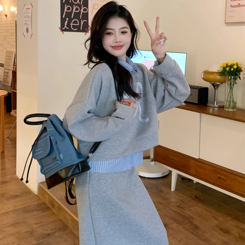 【整套】POLO領條紋拼接長袖衛衣+高腰包臀半裙兩件套裝-Cicimode