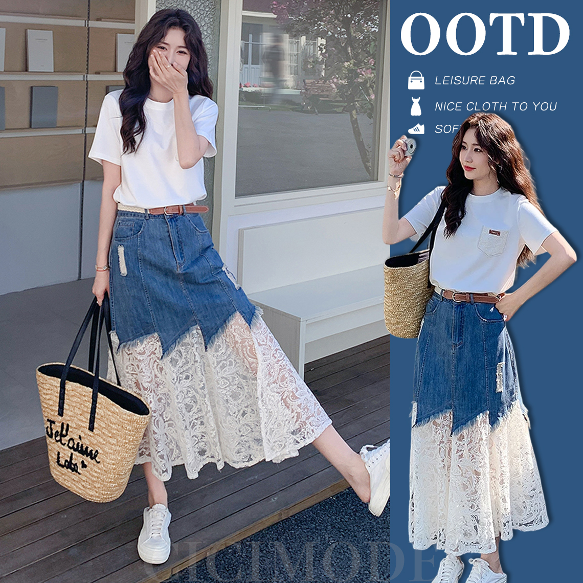 【單件/套裝】氣質流行短袖T恤+蕾絲拼接牛仔半身裙兩件套裝-Cicimode
