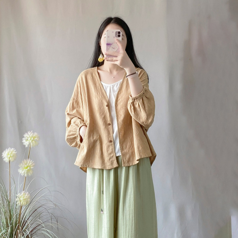 文藝寬鬆顯瘦蝙蝠袖防曬襯衫長袖棉麻開衫
