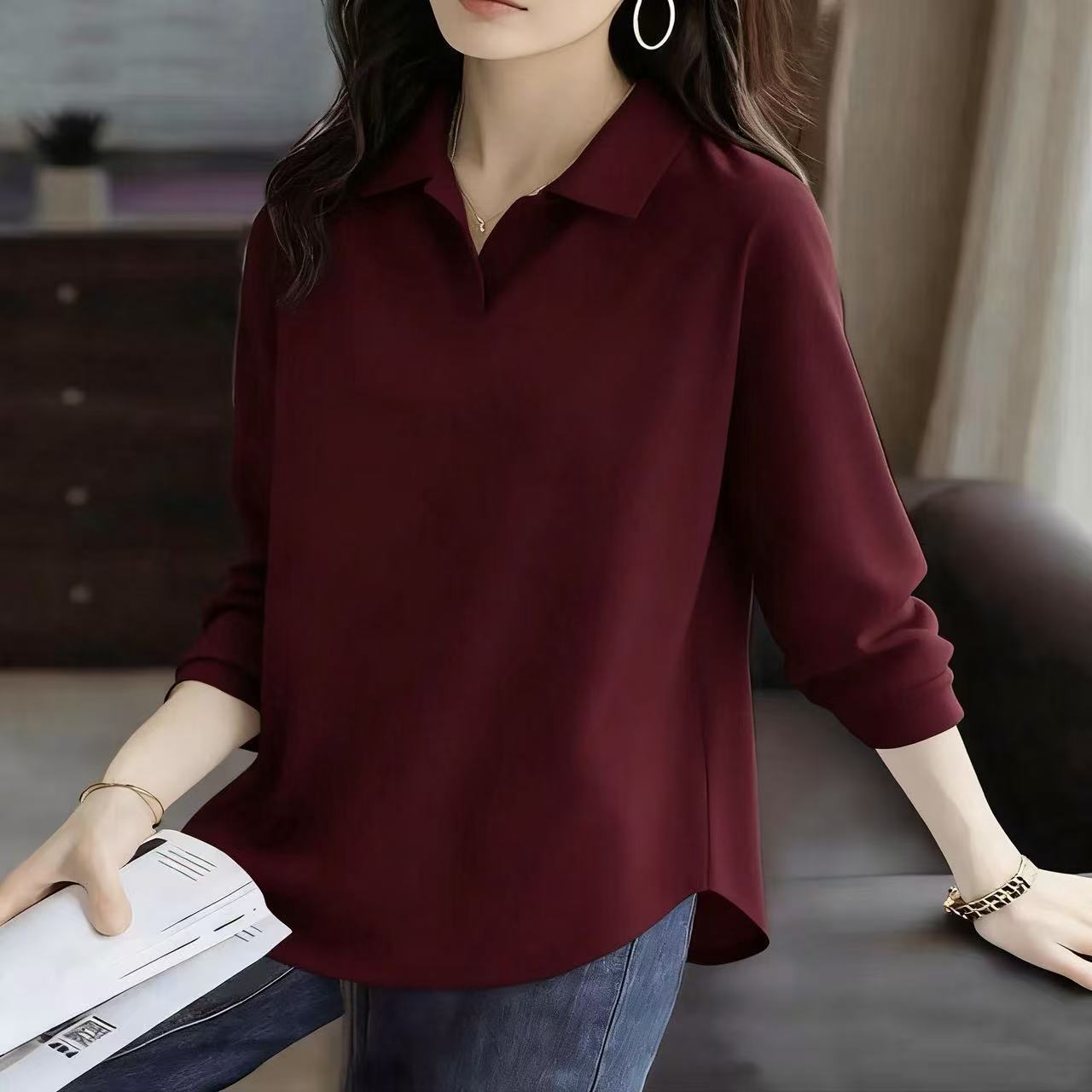 圓弧形下擺薄款Polo領簡約百搭棉質長袖T恤