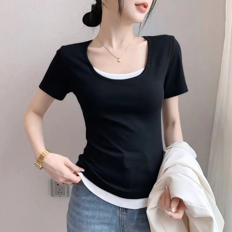 純棉U領假兩件顯瘦撞色拼接收腰短袖T恤