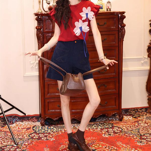 【單件/套裝】休閒寬鬆顯瘦復古設計感T恤+闊腿短褲兩件套裝