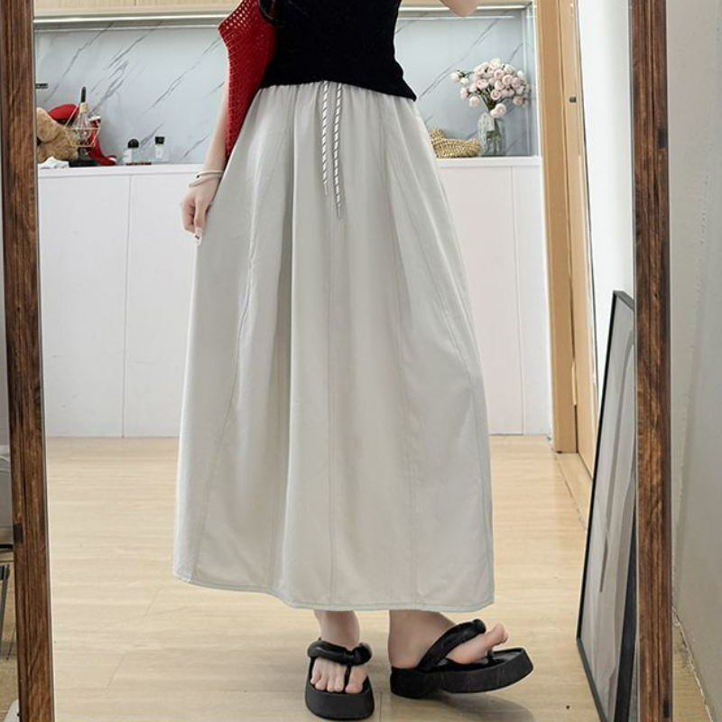 冰絲工裝高腰小個子寬鬆系帶A字半身裙-Cicimode