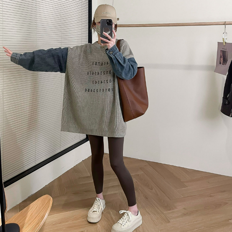 慵懶風百搭寬鬆牛仔袖拼接針織長袖-Cicimode