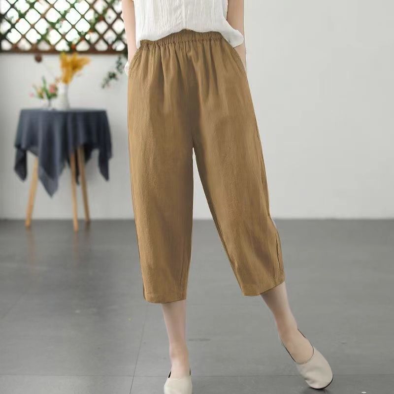 涼感休閒薄款高腰棉麻顯瘦七分哈倫褲