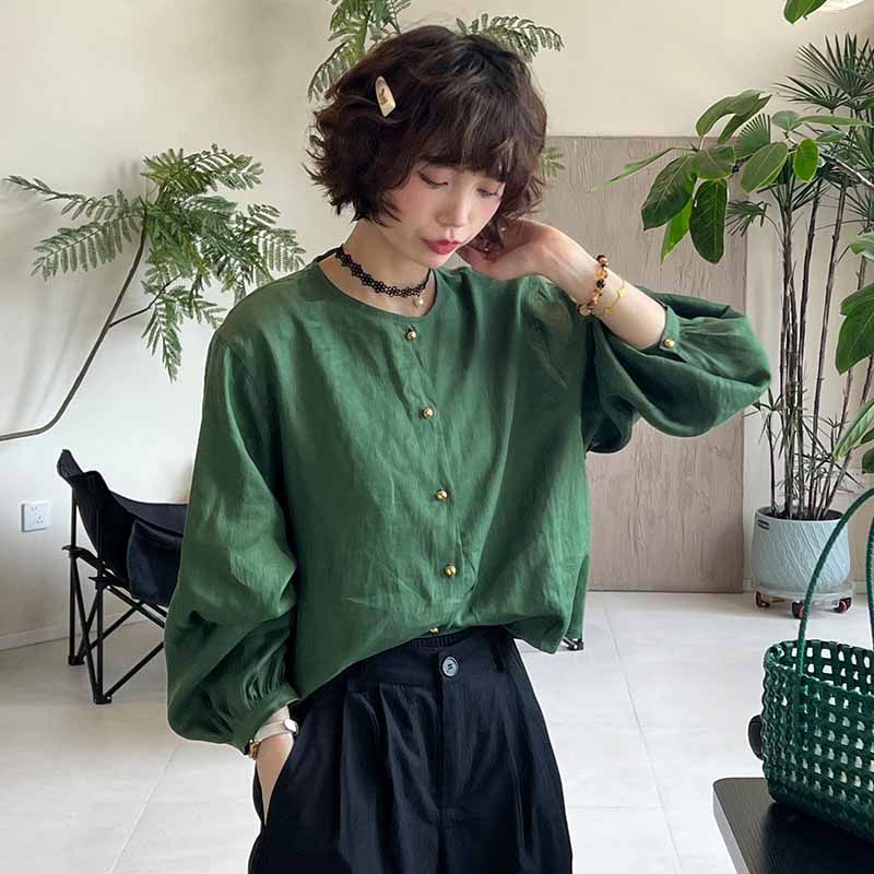 復古高級感氣質百搭圓領休閒寬鬆顯瘦泡泡袖襯衣