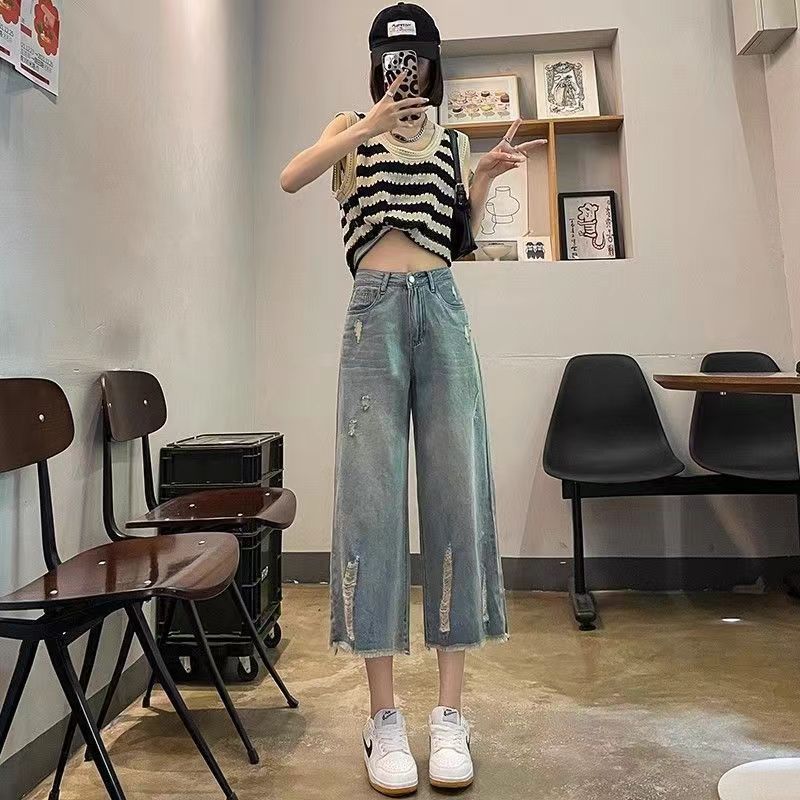 藍色破洞寬鬆高腰顯瘦七分直筒牛仔褲