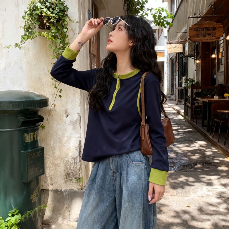 港風遮肉小眾寬鬆半拉鏈顯瘦百搭長袖T恤