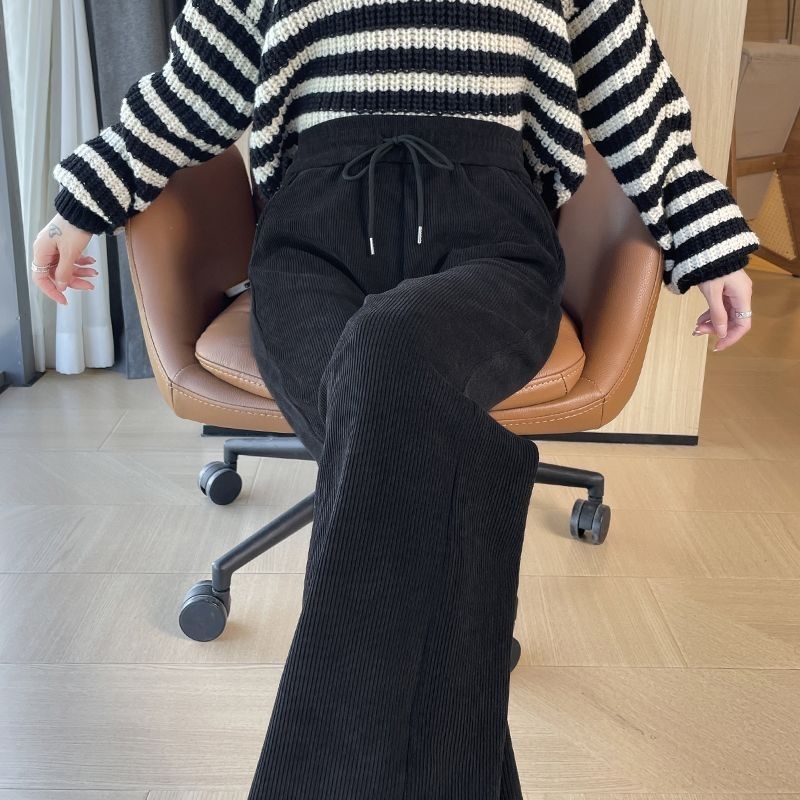 刷毛喇叭高腰垂感雪尼爾大碼寬鬆微喇褲-Cicimode