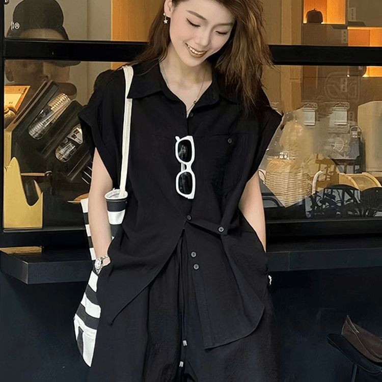 【整套】洋氣不規則設計感短袖襯衫+休閑百搭短褲兩件套