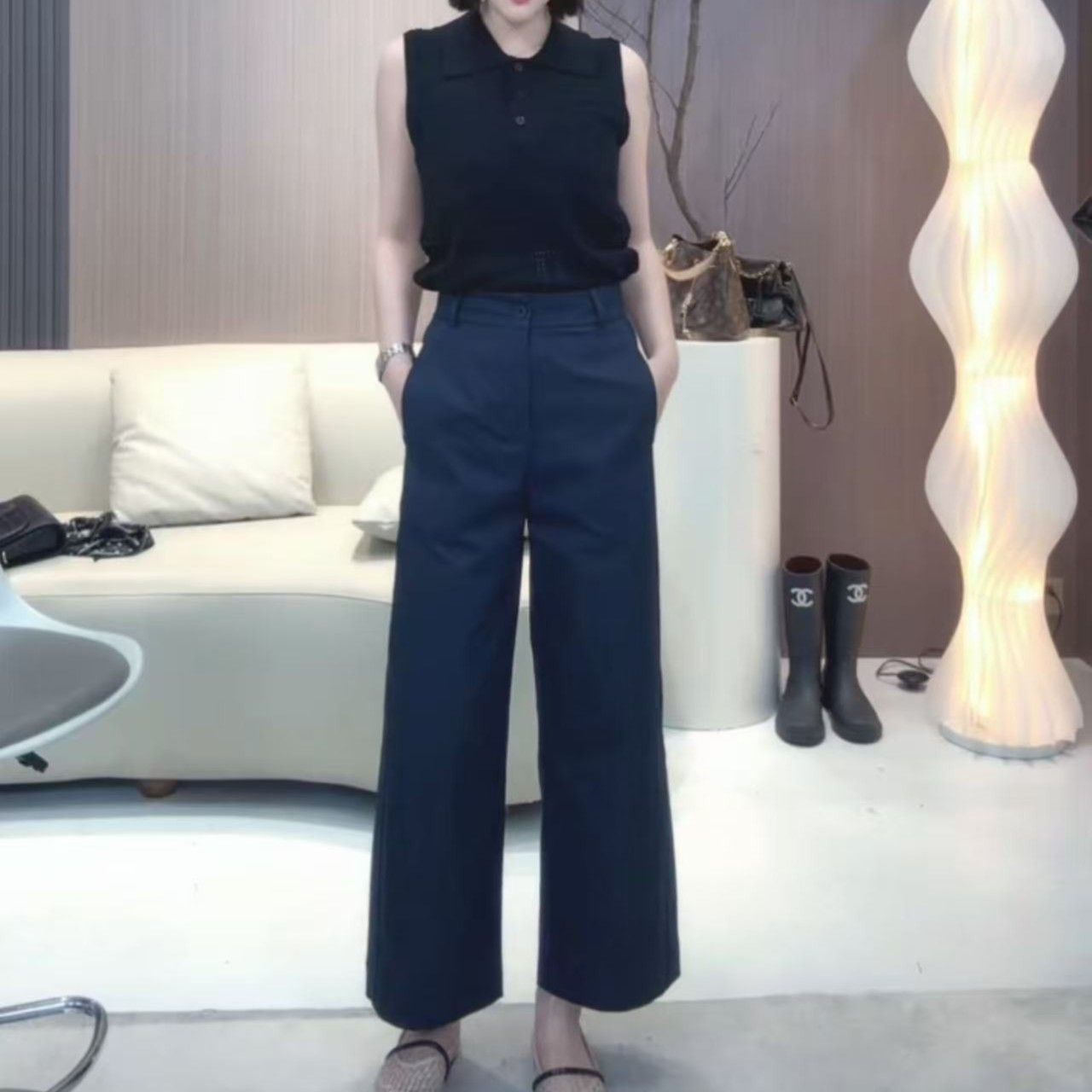 時尚百搭顯瘦九分高腰直筒闊腿褲