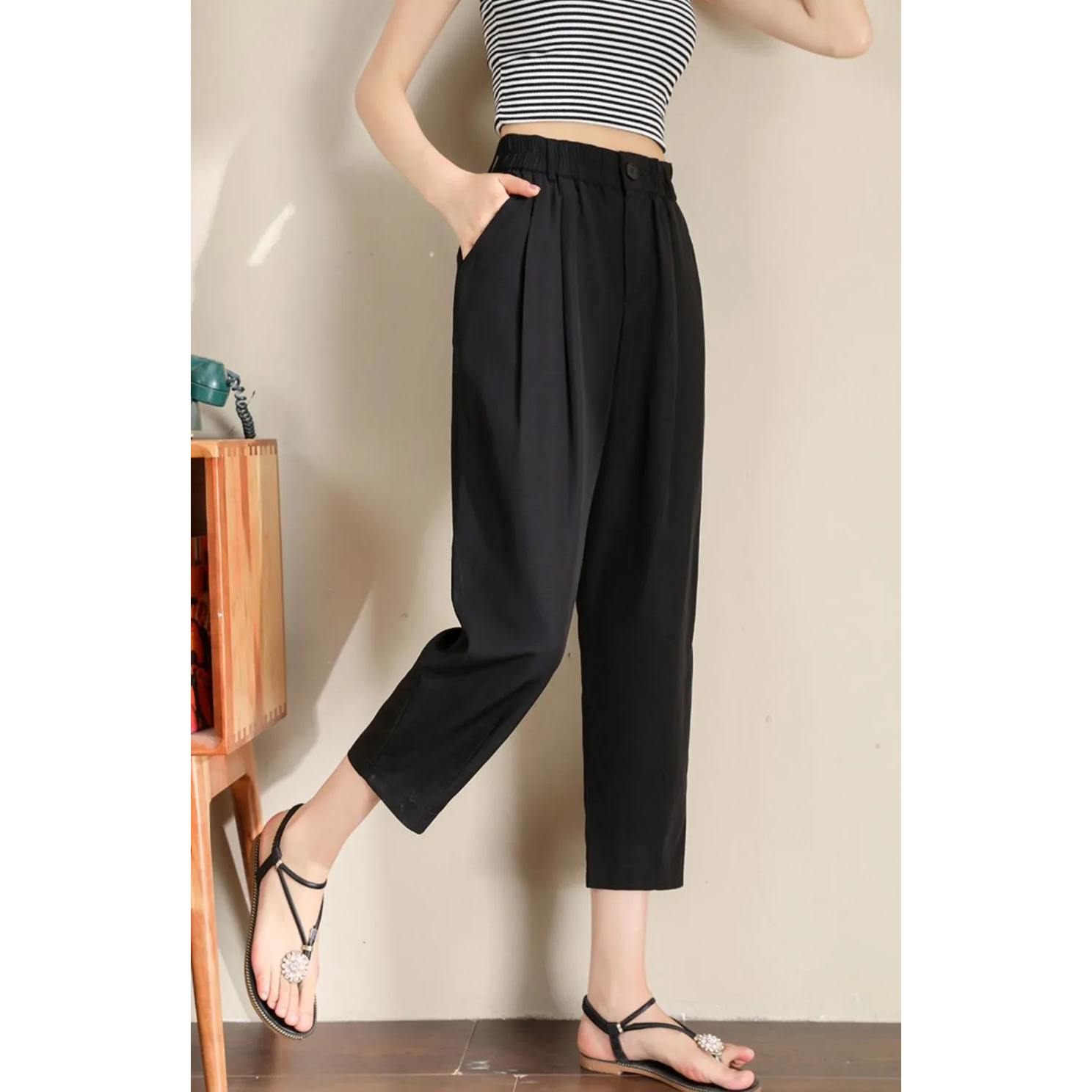 天絲棉麻薄款顯瘦遮肉透氣哈倫九分褲-Cicimode