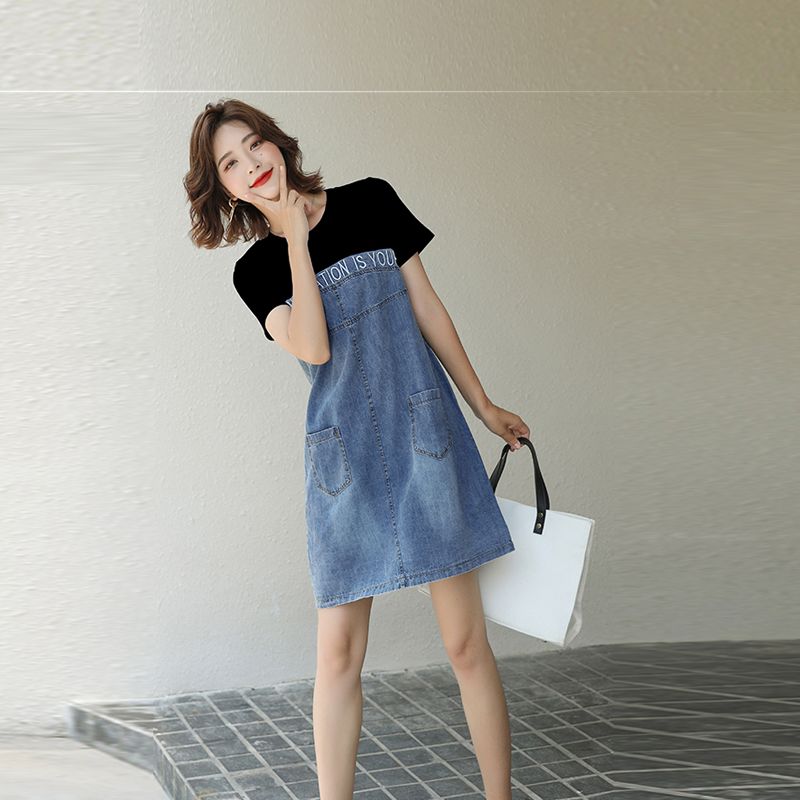 顯瘦氣質設計感T恤拼接牛仔寬鬆洋裝
