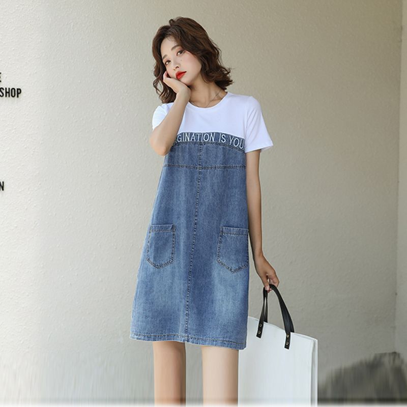 顯瘦氣質設計感T恤拼接牛仔寬鬆洋裝