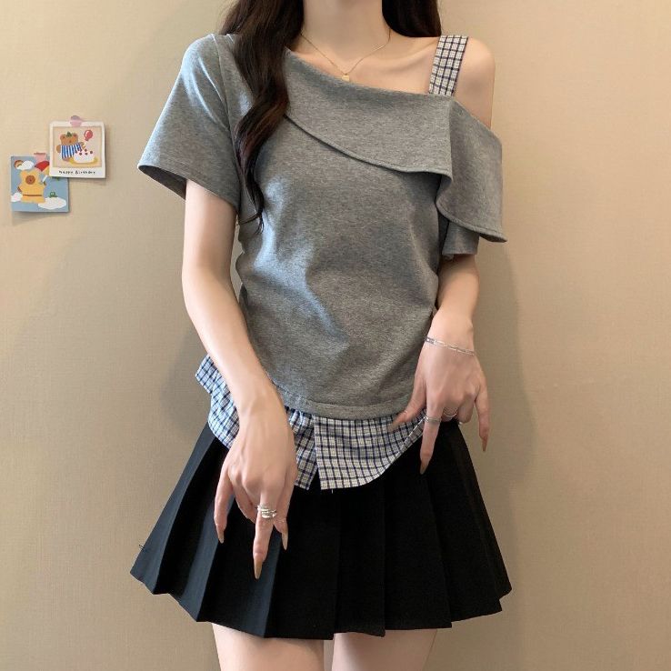 純棉格子拼接斜肩短袖t恤女夏季新款設計感露肩收腰顯瘦ins上衣潮
