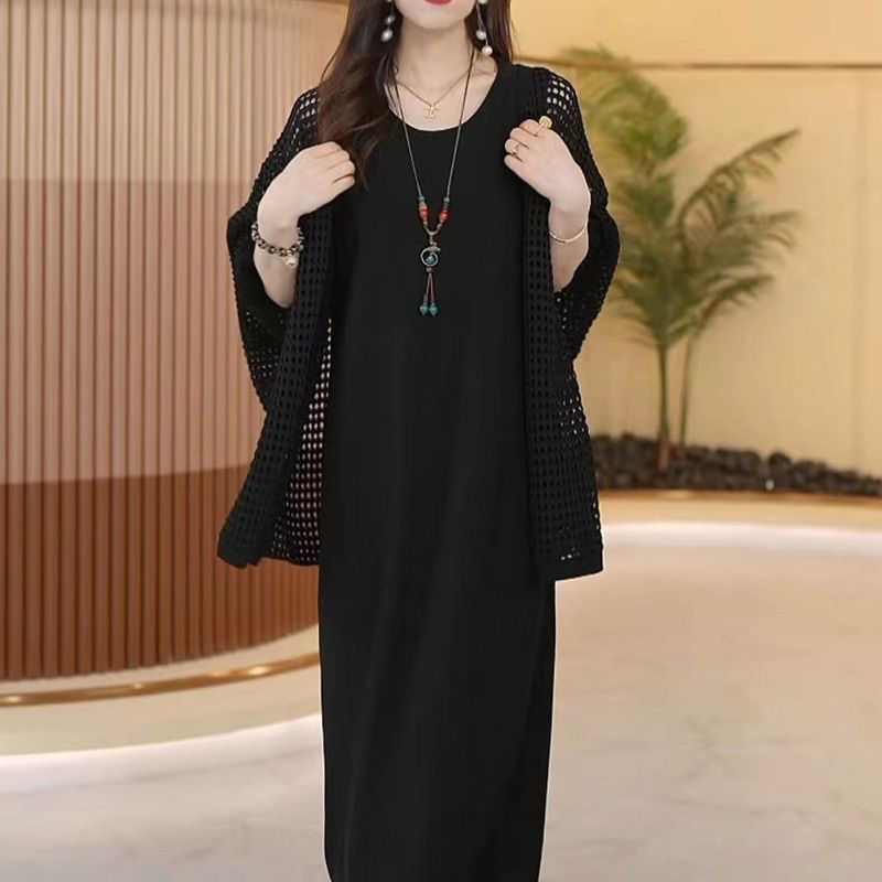 氣質名媛夕陽紅色V領寬鬆針織衫度假中長款開衫