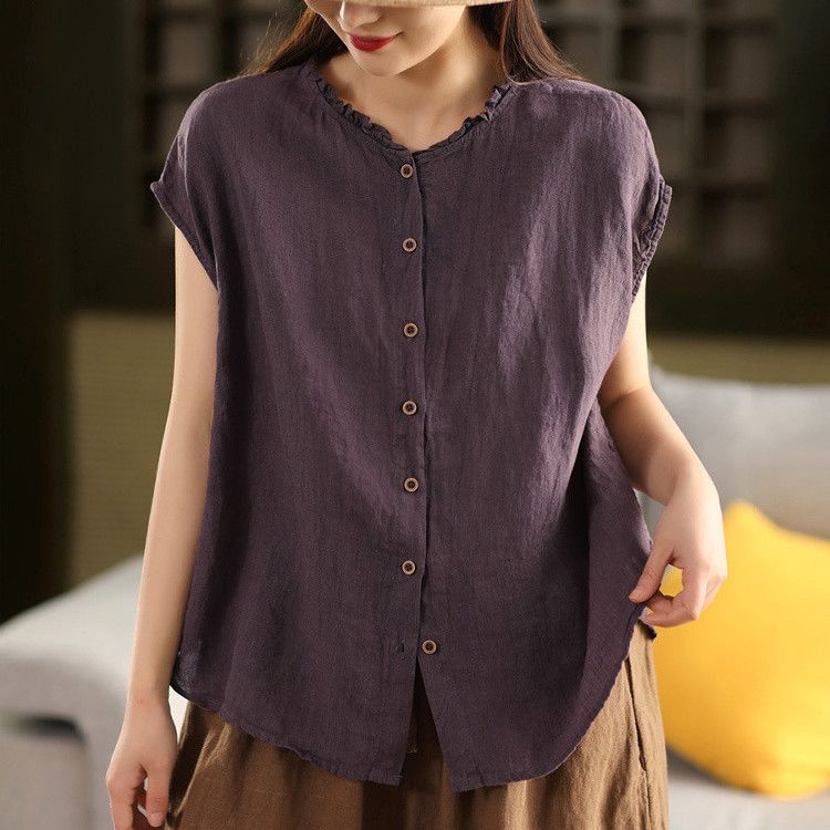 重工棉麻木耳領復古單排扣百搭無袖襯衫