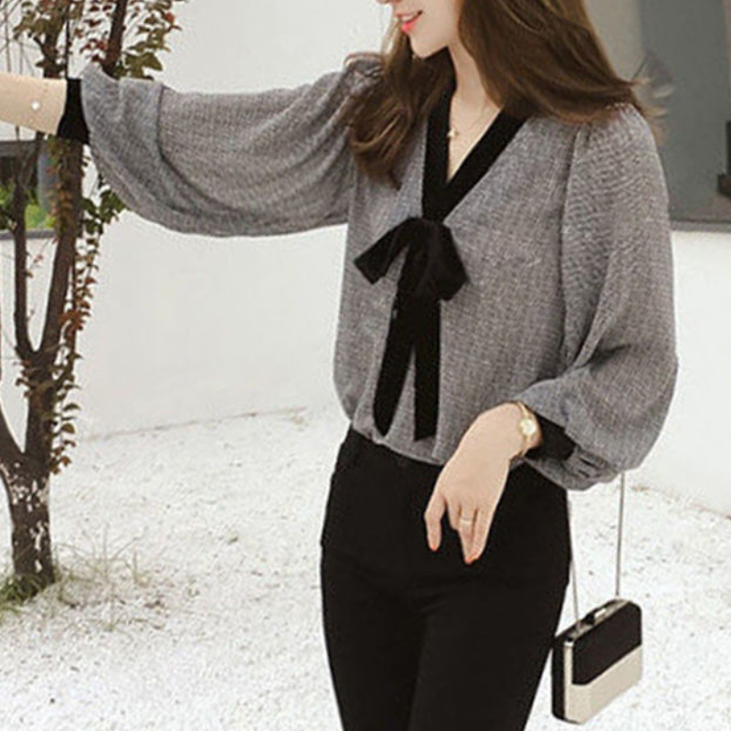 洋氣文藝甜美蝴蝶結V領雪紡襯衫