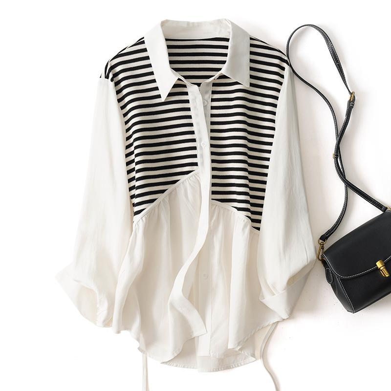 特大碼寬鬆POLO領針織拼接休閒中長版長袖襯衫