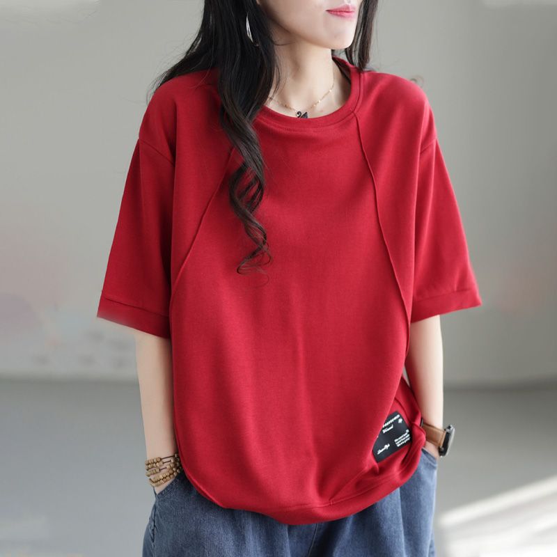 文藝純棉寬鬆復古圓領拼接短袖T恤-Cicimode