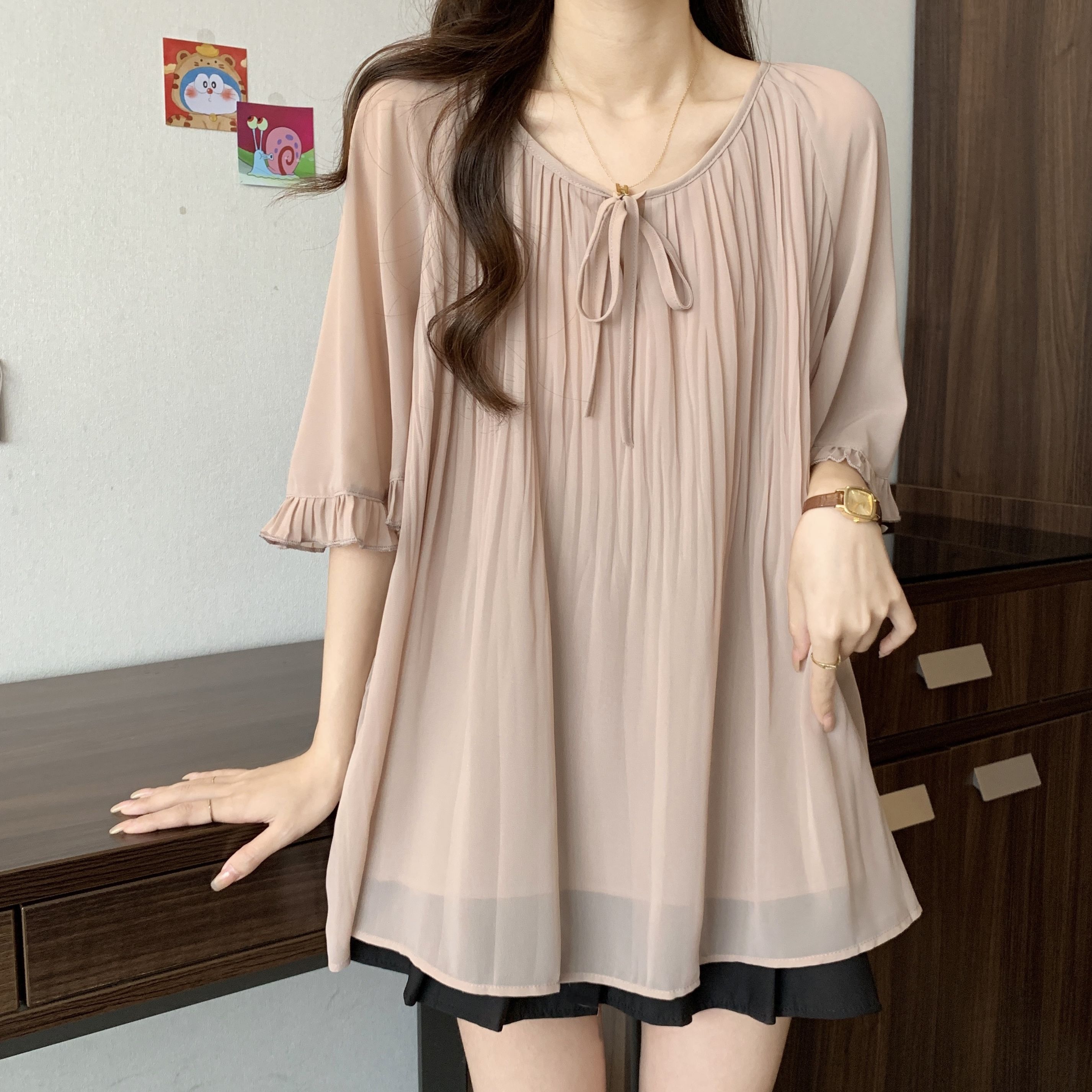 氣質獨特顯瘦綁帶寬鬆遮肚短袖雪紡衫-Cicimode