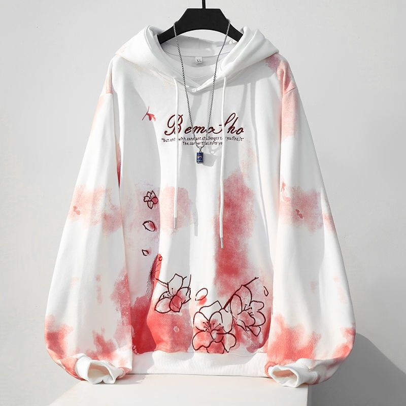 國潮漸變色櫻花刺繡連帽日系oversize帶帽衛衣