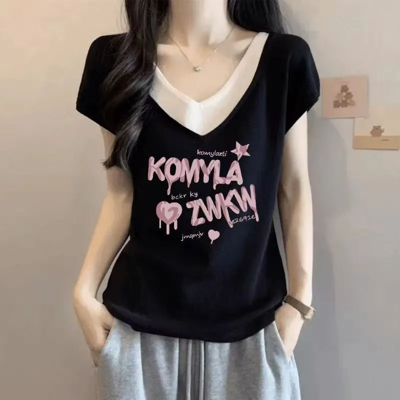 純棉多款式洋氣寬鬆大碼顯瘦V領假兩件短袖T恤-Cicimode