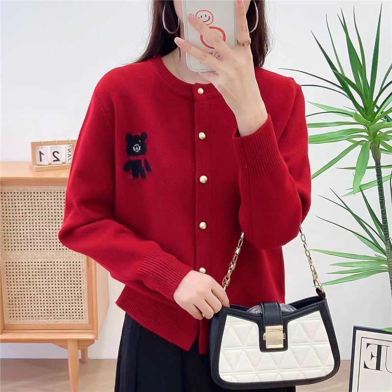 韓版百搭圓領紅色毛衣外套小熊針織開衫