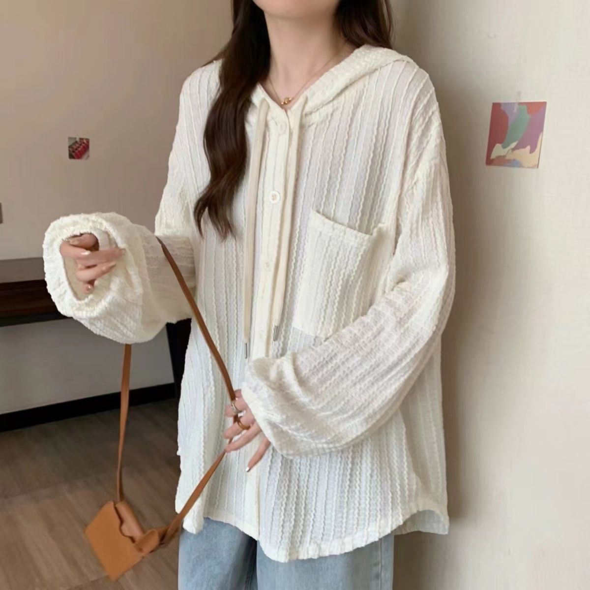 大碼顯瘦中長版休閒外套連帽長袖襯衫