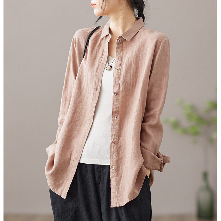 文藝復古亞麻翻領氣質長袖襯衫-Cicimode