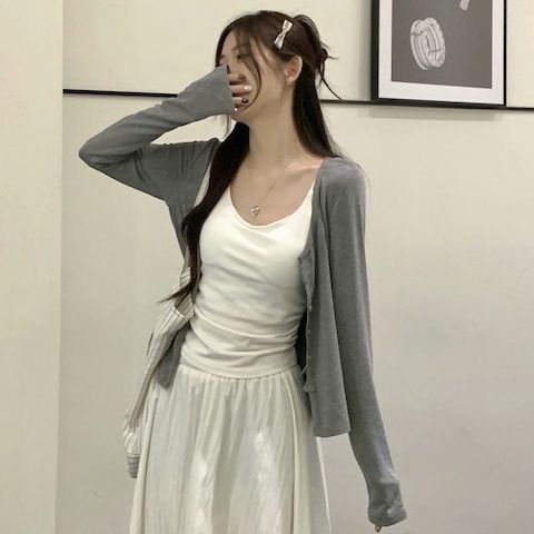 【單件/套裝】復古溫柔風針織開衫+內搭吊帶背心+高腰半身裙三件套裝