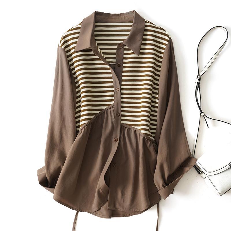 特大碼寬鬆POLO領針織拼接休閒中長版長袖襯衫