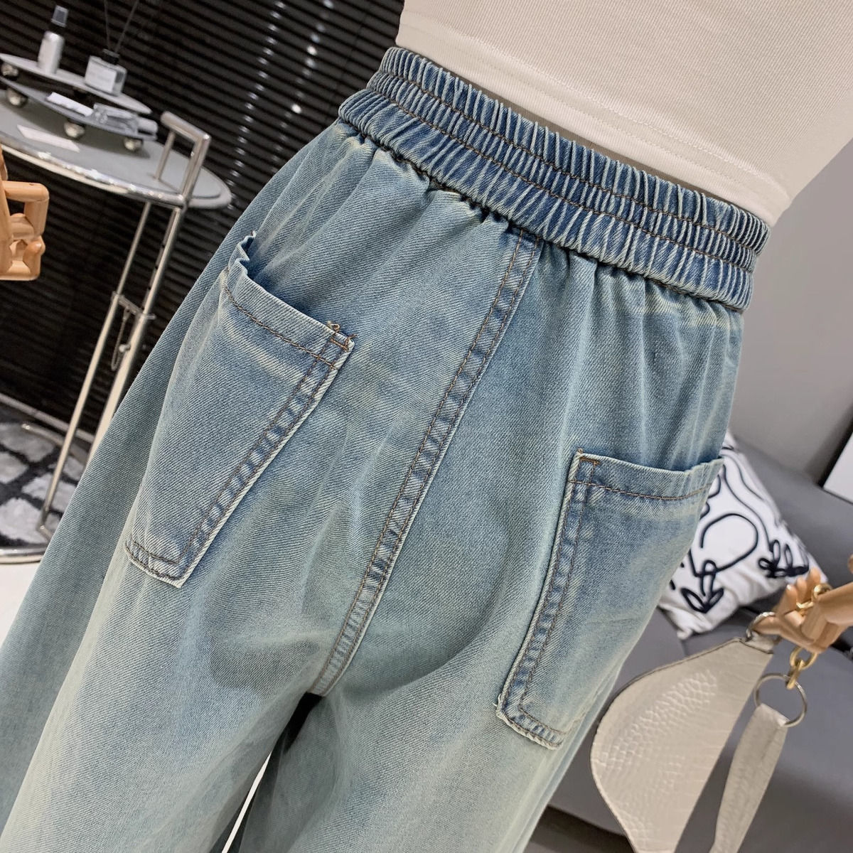 水洗做舊抽繩寬鬆高腰垂感牛仔拖地闊腿褲-Cicimode