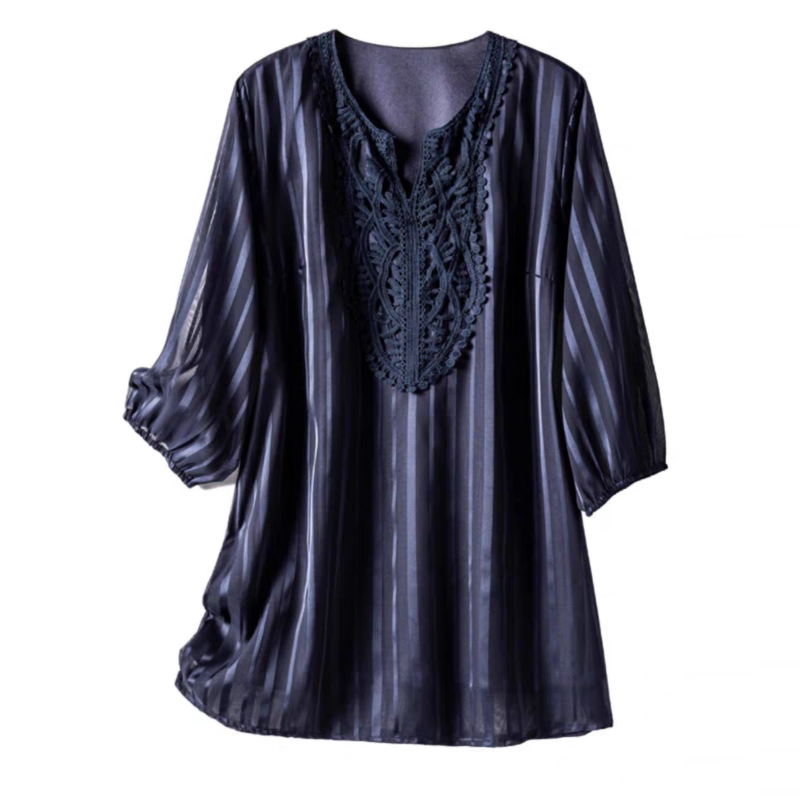 氣質蕾絲拼接雪紡衫寬鬆v領暗條紋中袖T恤-Cicimode