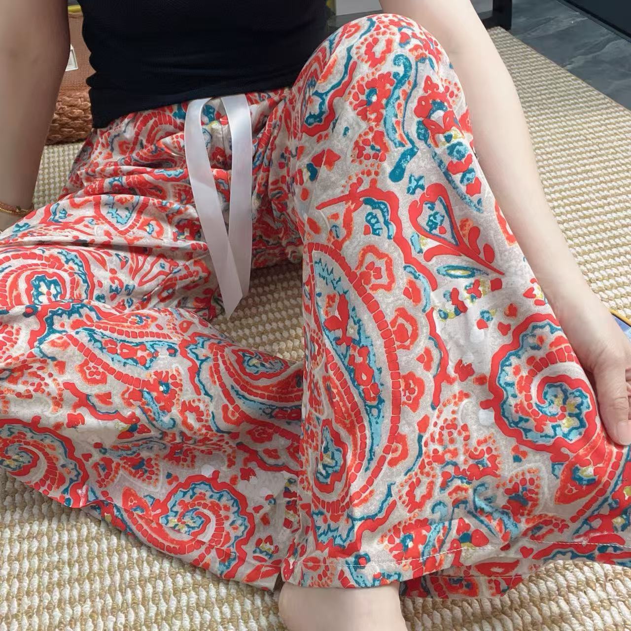 甜美印花波西米亞吸濕排汗寬鬆休閒闊腿九分褲