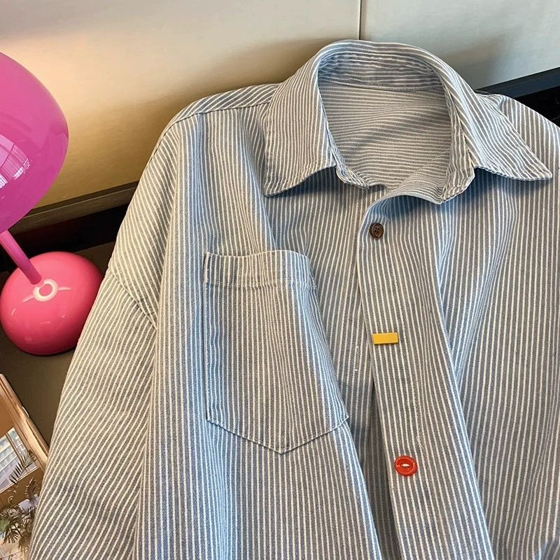 復古簡約條紋oversize寬鬆百搭POLO領襯衫