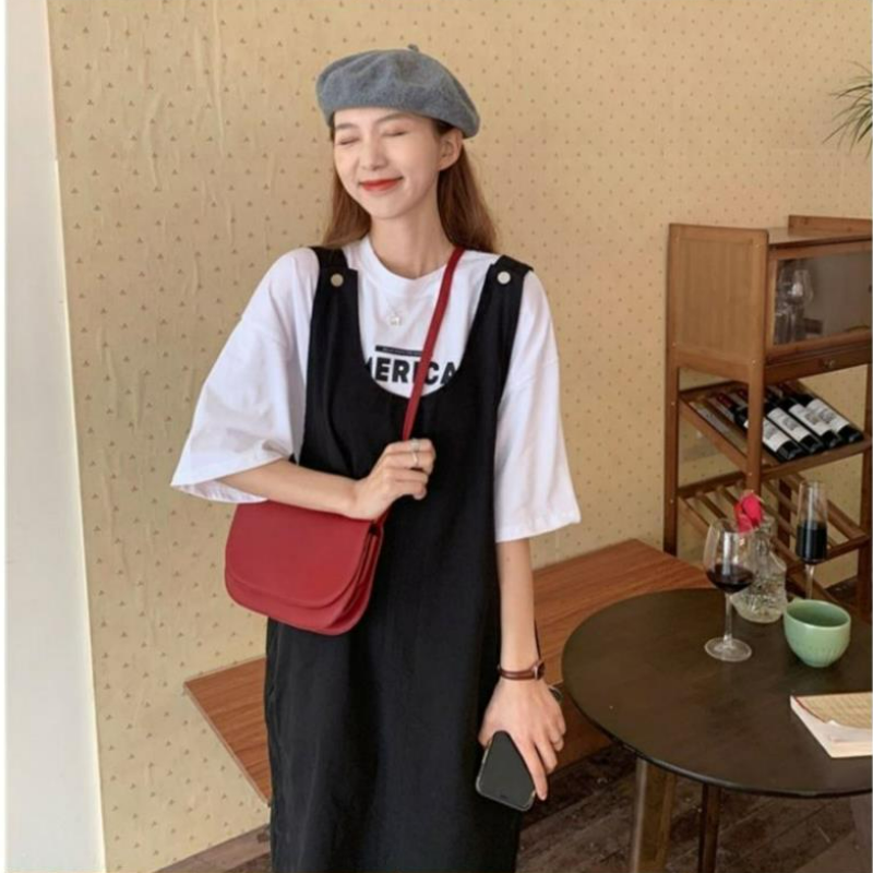 【單件/套裝】日系洋氣顯瘦減齡寬松遮肚背帶裙+印花短袖T恤兩件套